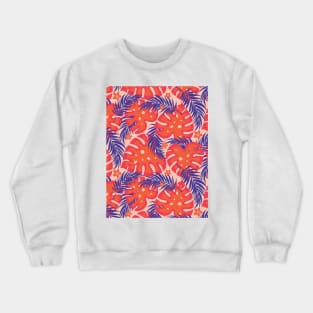 Orange Blue Tropical Pattern with Palm Tree Leaves and Monstera Leaves Crewneck Sweatshirt